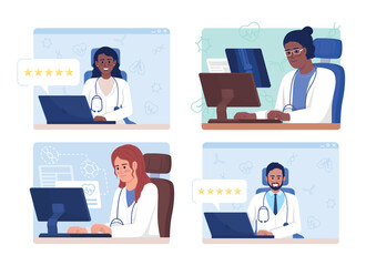 Doctor reviews flat concept vector illustration set. IoT in medicine. Editable 2D cartoon characters on white for web design. Online consultation creative idea for website, mobile, presentation