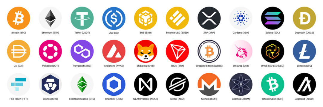 Cryptocurrency logo set transparent png updated version. Cryptocurrencies isolated icons for apps and websites. Digital currency icon collection.	