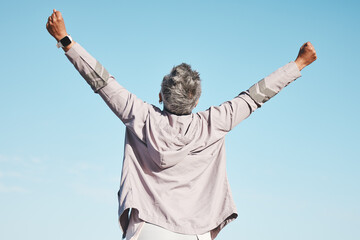 Freedom, fitness and woman hands in air on blue sky mockup for exercise, fitness or workout...