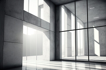 Illustration of a windowed interior made of abstract concrete and glass. Generative AI