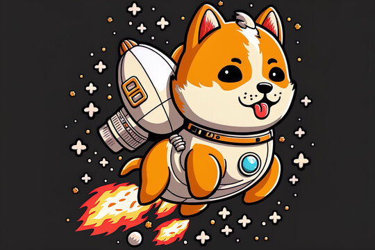 Shiba Inu cartoon icon image of an adorable dog flying a rocket, isolated. Generative AI