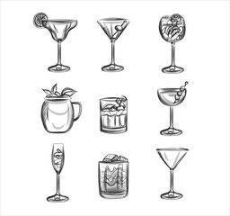 Hand-drawn sketch set of drinks in cocktail glasses.Cocktail drink in a highball glass. 