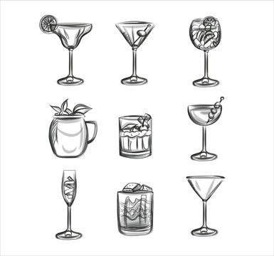 Hand-drawn sketch set of drinks in cocktail glasses.Cocktail drink in a highball glass. 