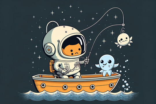 Cartoon image of an astronaut catching a star on a boat. scientific vacation notion in isolation. cartoonishly flat. Generative AI