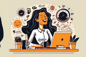 Young woman in good spirits unwinding at work. During her coffee break, the female employee stretched while sitting at her desk with a laptop. job idea, remote work, and rest. Generative AI