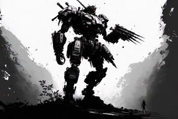 Black and white futuristic tank drawing of a large mecha robot with a weapon. Generative AI