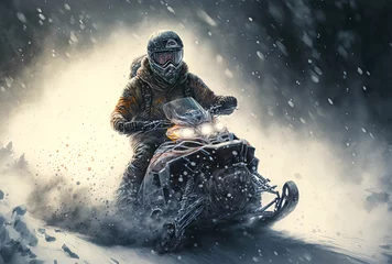 Fotobehang snowmobile in snow, extreme sport, Generative AI © AiCreatorArt