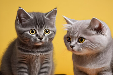 Cute small gray cat and kitten stare and play on a yellow background. business, copyspace, etc. Generative AI