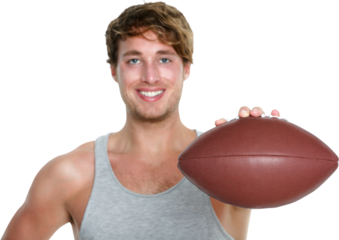 American football - casual man showing American football isolated in transparent PNG. Young male sport fitness model isolated in transparent PNG. Focus on football.