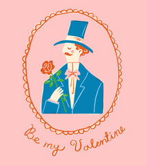 Gentleman holding a rose on Valentine's Day. Man with a moustache in a suit making a romantic confession. Banner, poster or post card design in trendy vintage style.