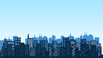 Silhouette of city buildings in with blue sky view