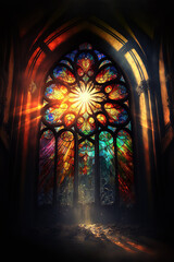 Colorful stained glass window of a church with rays emanating from it - obrazy, fototapety, plakaty