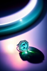 Fototapeta na wymiar shiny silver 3d ring with brilliant greenish blue diamond