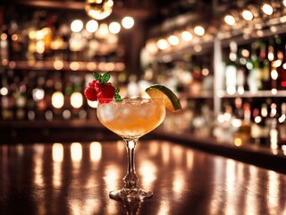 A variety of cocktails assortment served are placed on the counter bar in the restaurant on dark bar background. Classic drink menu concept. Copy space.  
