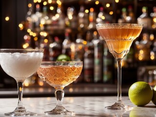 A variety of cocktails assortment served are placed on the counter bar in the restaurant on dark bar background. Classic drink menu concept. Copy space.  