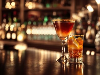 A variety of cocktails assortment served are placed on the counter bar in the restaurant on dark bar background. Classic drink menu concept. Copy space.  