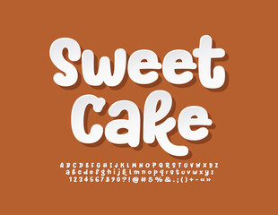 Vector bright banner Sweet Cake. White sticker Font. Playful style Alphabet Letters, Numbers and Symbols set