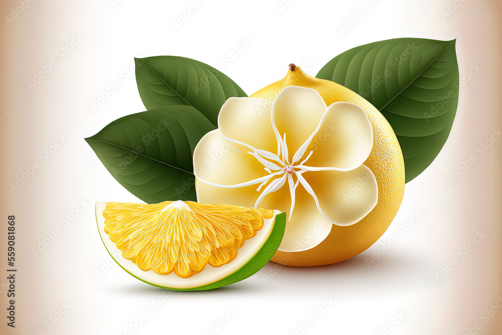 Poster isolated on a white backdrop are a yellow shaddock fruit with a leaf, a part of a pomelo with pulp, 