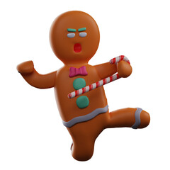  3D illustration. 3D cartoon character Gingerbread showing a strange pose. holding a candy cane in hand. showing a scary face. 3D Cartoon Character