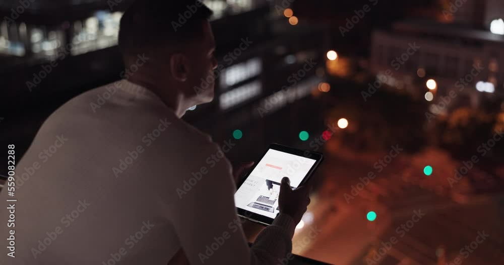 Poster Man, tablet and city using night data to scroll on internet for global networking, about us information. Entrepreneur on internet with app for branding and advertising with online digital markering