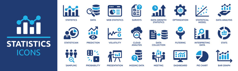 Statistics icon set. Containing data, web statistics, survey, prediction, presentation, cloud analysis and pie chart icons. Solid icon collection.