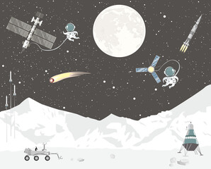 children's space landscape with astronauts wallpaper for interior