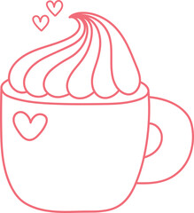 Kawaii Valentine Coffee Cup Outline Illustration Heart Doodle Spice Marshmello Whipping Cream
