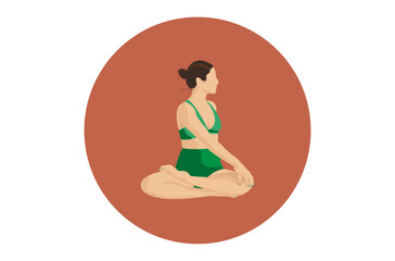 Faceless woman in green suit doing yoga in red circle