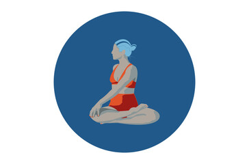 Faceless woman with blue hair in orange suit doing yoga