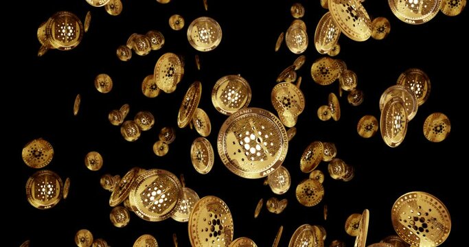 Cardano ADA cryptocurrency isolated gold coin rain background. Rotating golden metal coins falling loop abstract concept. Loopable and seamless animation.