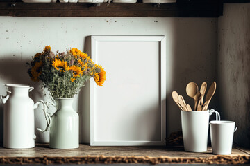 Farmhouse style mock up poster frame in the kitchen's decor ,. Generative AI