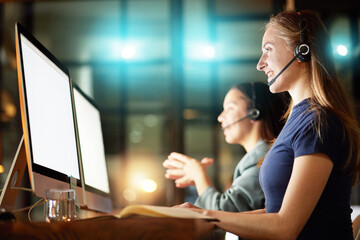 Computer, night call center and women with telemarketing success, IT solution and problem solving...