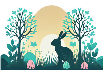 vector illustration of bunny with easter eggs in spring nature outdoors