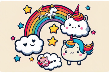 Cartoon image of a cute unicorn flying over a cloud with a star and rainbow. Generative AI