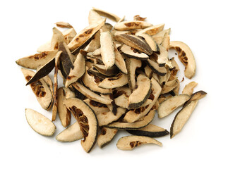 Dried bitter orange used in chinese herbal medicine isolated over white background. Zhi Ke, Fructus citri Aurantii. White background