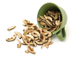 Dried bitter orange used in chinese herbal medicine isolated over white background. Zhi Ke, Fructus citri Aurantii. White background