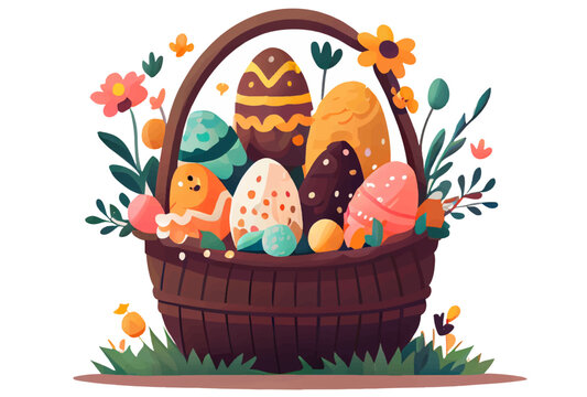 vector illustration of aester colorful eggs inside wicker basket isolation on white background