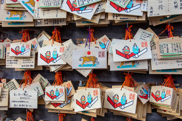 Shimane Japan 2nd Dec 2022: the Ema (Shinto) wall in shrine Izumo-taisha in Izumo. one of the most ancient and important Shinto shrines in Japan.  It is dedicated to the god Okuninushi.