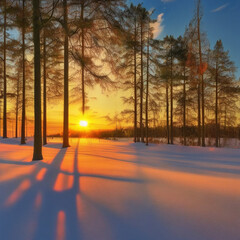 winter landscape in forest with sunset, generative ai