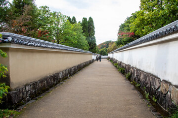 Himeji Japan 30th Dec 2022: the wall and path in Kokoen, is a relatively recently constructed Japanese style garden,  it is next to Himeji Castle Hyogo Prefecture Japan. 