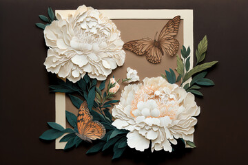 White peonies with a brown paper backdrop accompany a butterfly. Generative AI