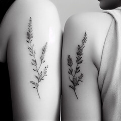 Two small lavender sprigs tattoo in black and grey, generative ai