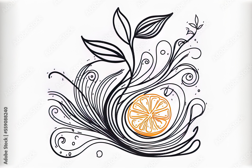Poster lemon and grass black sketch in one line on white background. orange fruit drawing with continuous l