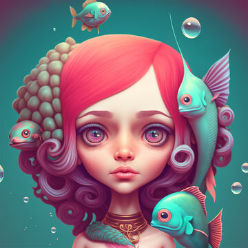 Illustration of a beautiful mermaid girl portrait with pink and purple hair and beautiful big eyes. Corals and seaweeds in the background. Generative AI illustration of a fictional woman
