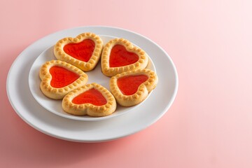 Heart-shaped cookies with jam filling on a white plate on a pink plain background. Valentine's day concept. American culture
