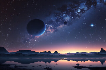 Obraz na płótnie Canvas dawn and a starry sky as a planet orbits. Generative AI
