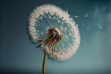 Dandelion With Seeds Blowing Away Blue background, close up. Generated AI