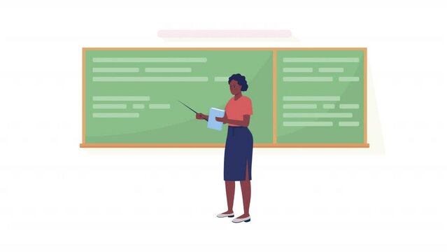 Animated Teacher Near Board. Female Educator Pointing On Blackboard. Flat Person On White Background With Alpha Channel Transparency. Colorful Cartoon Style HD Video Footage Of Character For Animation