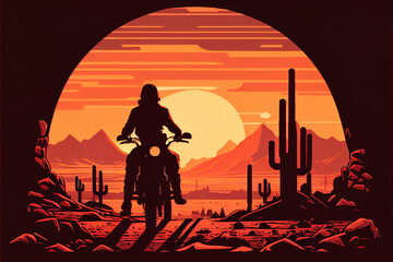 Naklejka premium Motorcyclist on motorcycle in desert. Silhouette.