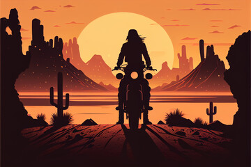 Silhouette of motorcyclist in desert. Romantic desert.